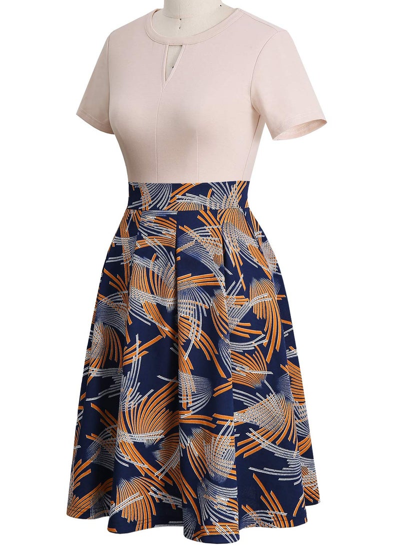 YATHON Women's Vintage Floral Flared A-Line Swing Casual Party Dresses with Pockets (M, YT018-Beige Firework) - Image 3